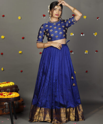 Royal Blue Embroidered Silk Lehenga (Set of 2)