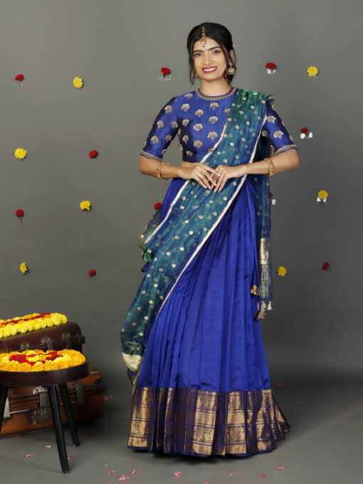 Royal Blue Embroidered Silk Lehenga (Set of 3) - Image 1