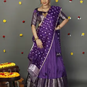 Purple Silk Half Saree Set with Tissue Silk Dupatta (Set of 3)