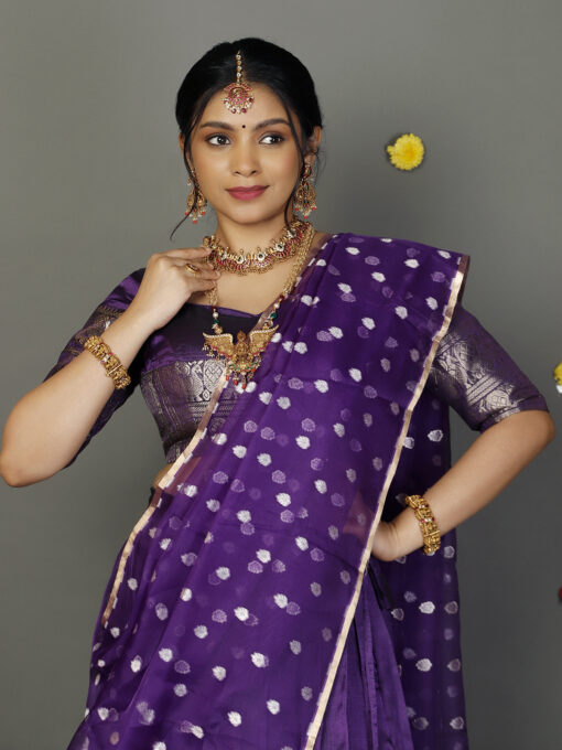 Purple Tissue Silk Dupatta with Gold Zari Buttis - Image 1