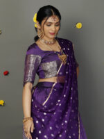 Purple Silk Half Saree Set with Tissue Silk Dupatta (Set of 3) - Image 3