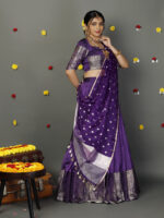 Purple Silk Half Saree Set with Tissue Silk Dupatta (Set of 3) - Image 4
