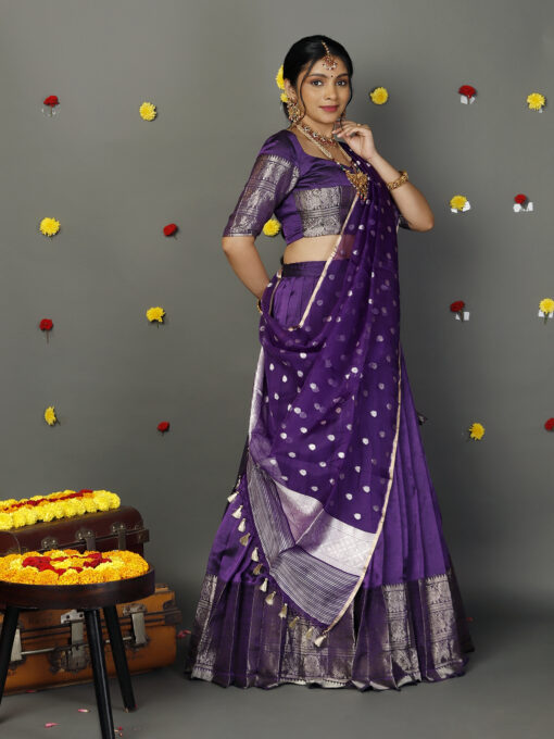 Purple Tissue Silk Dupatta with Gold Zari Buttis - Image 4