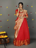 Red Silk Half Saree Set with Tissue Silk Dupatta (Set of 3)