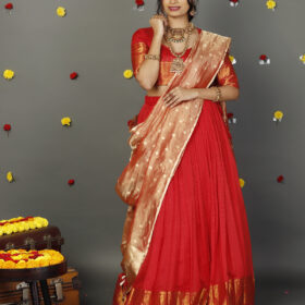 Red Silk Half Saree Set with Tissue Silk Dupatta (Set of 3)