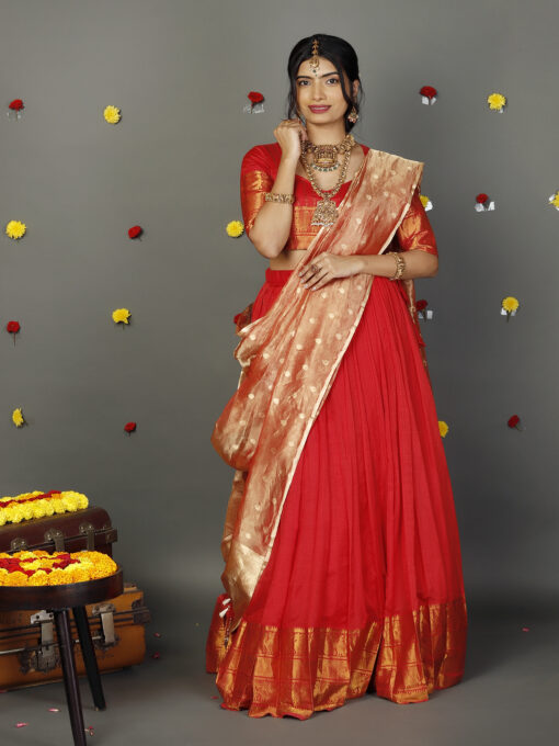 Red Tissue Silk Dupatta with Gold Zari Buttis - Image 2
