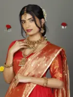 Red Silk Half Saree Set with Tissue Silk Dupatta (Set of 3) - Image 7