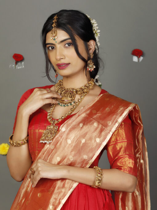Red Tissue Silk Dupatta with Gold Zari Buttis - Image 1