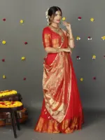 Red Silk Half Saree Set with Tissue Silk Dupatta (Set of 3) - Image 5