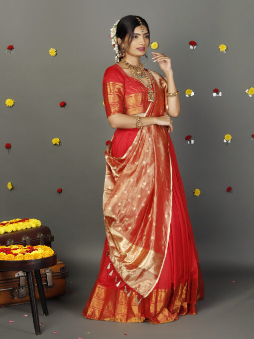 Red Tissue Silk Dupatta with Gold Zari Buttis - Image 5
