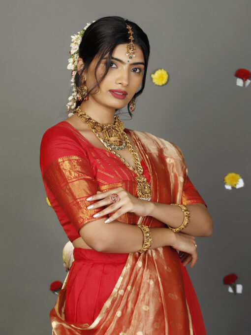 Red Tissue Silk Dupatta with Gold Zari Buttis - Image 3