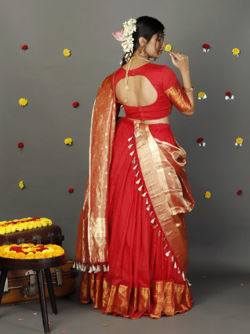 Red Tissue Silk Dupatta with Gold Zari Buttis - Image 4