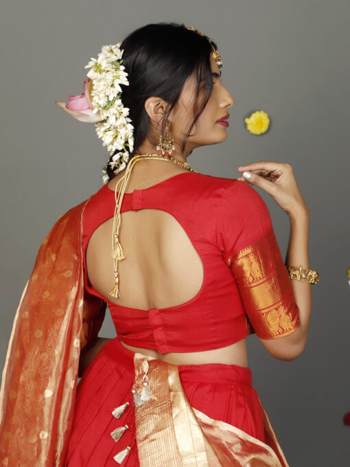 Red Tissue Silk Dupatta with Gold Zari Buttis - Image 6