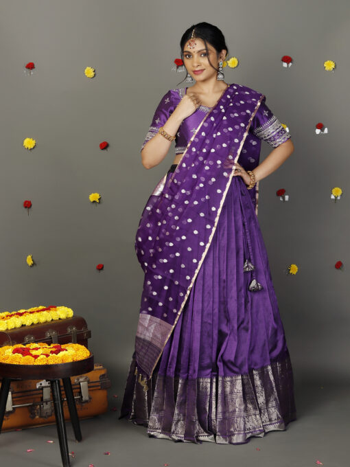 Purple Embroidered Silk Lehenga Set with Tissue Dupatta - Image 1
