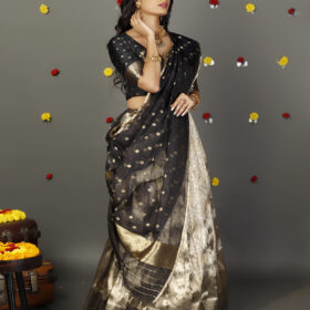 Grey Banarasi Silk Lehenga Set of  3