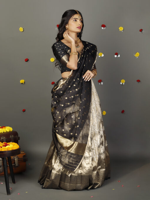 Grey Banarasi Silk Lehenga Set of  3 - Image 1