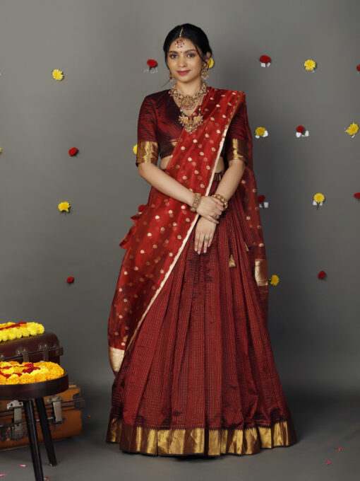 Maroon Silk Chequered Lehenga Set of 3 - Image 1