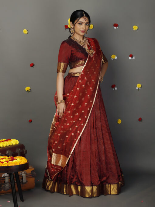Maroon Silk Chequered Lehenga Set of 3 - Image 4