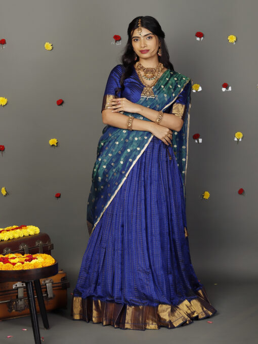 Royal Blue Chequered Silk Lehenga Set of 3 - Image 1