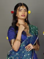 Royal Blue Chequered Silk Lehenga Set of 3 - Image 5
