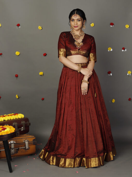 Maroon Silk Chequered Lehenga Set of 2 - Image 6