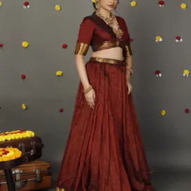 Maroon Silk Chequered Lehenga Set of 2