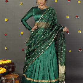 Green Silk Half Saree Set with Tissue Silk Dupatta (Set of 3)