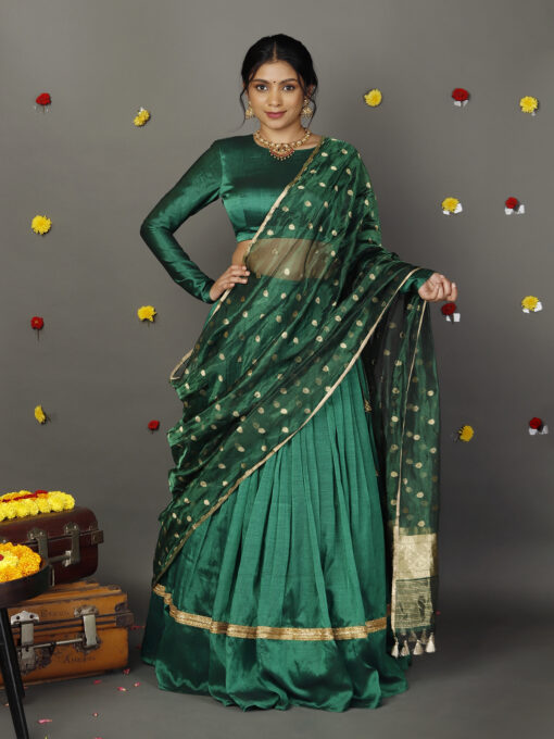 Green Silk Half Saree Set with Tissue Silk Dupatta (Set of 3) - Image 1