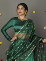 Green Silk Half Saree Set with Tissue Silk Dupatta (Set of 3) - Image 4