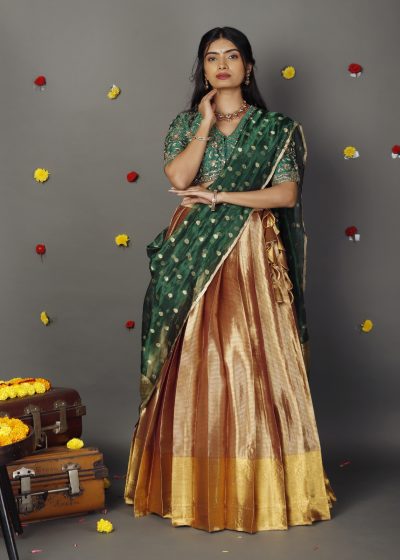Green Embroidered Silk Lehenga Set with Tissue Dupatta