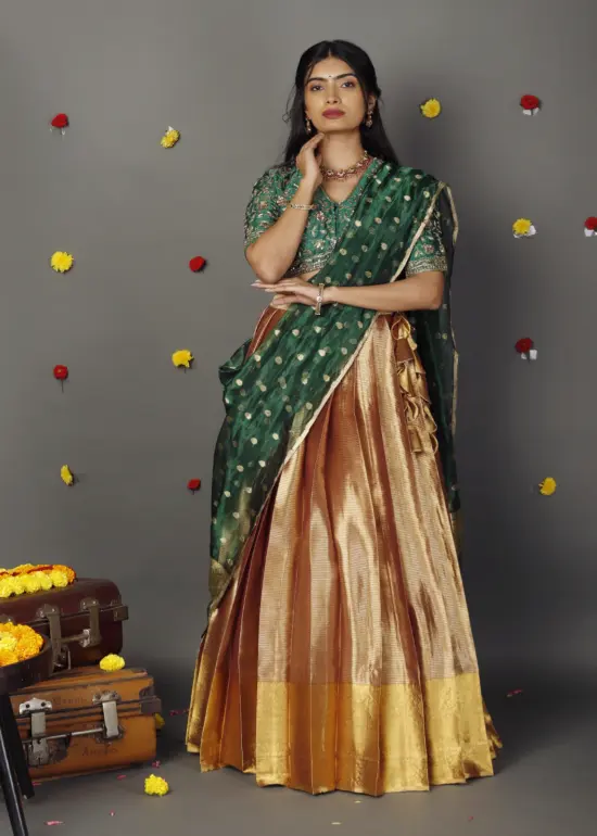 Green Embroidered Silk Lehenga Set with Tissue Dupatta