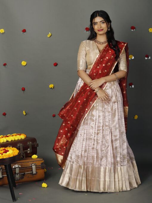 Ivory Striped Tissue Silk Lehenga Set of  3 - Image 1
