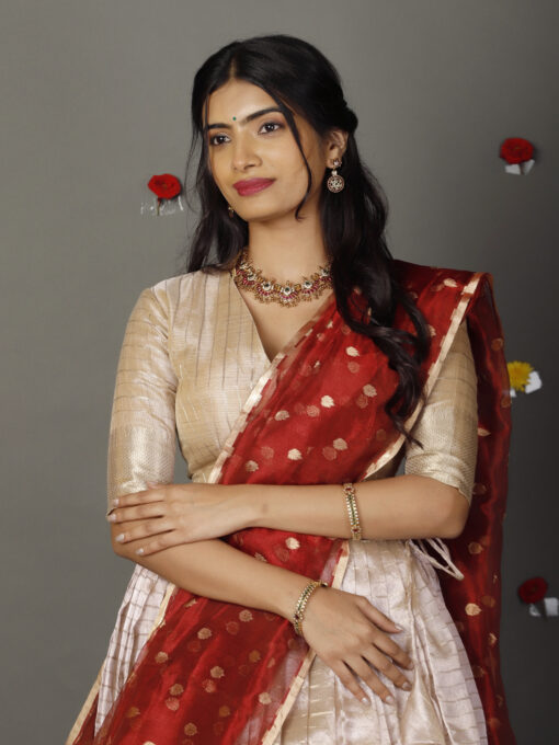 Ivory Striped Tissue Silk Lehenga Set of  3 - Image 4