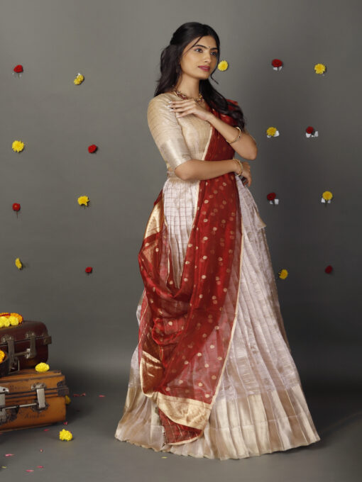 Ivory Striped Tissue Silk Lehenga Set of  3 - Image 2
