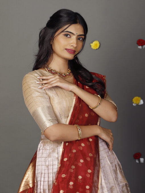 Ivory Striped Tissue Silk Lehenga Set of  3 - Image 3