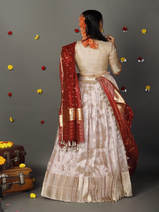 Ivory Striped Tissue Silk Lehenga Set of  3 - Image 6