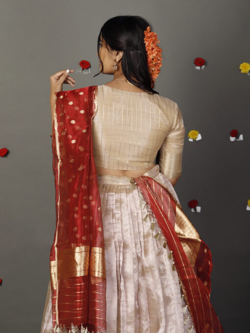 Ivory Striped Tissue Silk Lehenga Set of  3 - Image 5