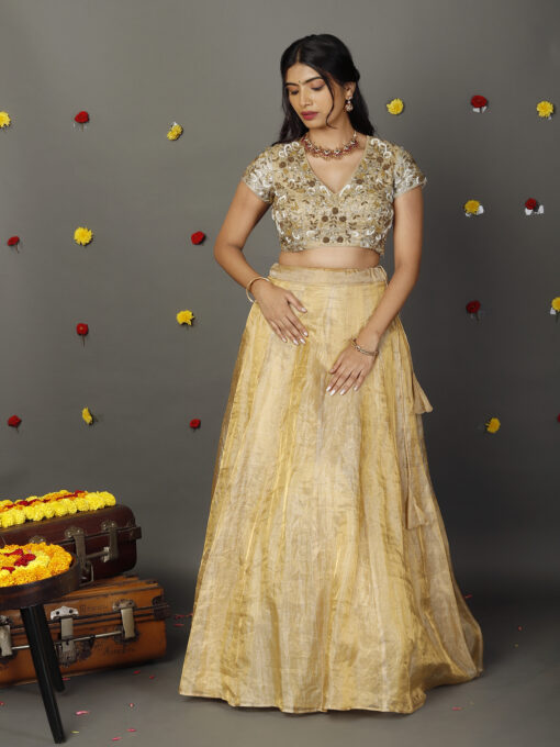 Ivory Embroidered Tissue Silk Lehenga Set of 2 - Image 1
