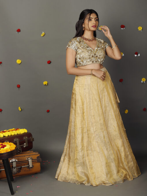 Ivory Embroidered Tissue Silk Lehenga Set of 2 - Image 6