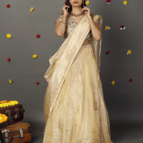 Ivory Embroidered Tissue Silk Lehenga with Tissue Silk Dupatta ( Set of 3 )