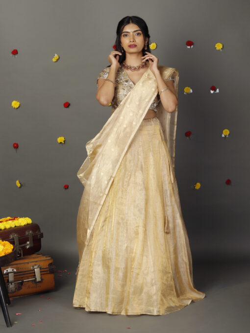 Ivory Embroidered Tissue Silk Lehenga with Tissue Silk Dupatta ( Set of 3 ) - Image 1