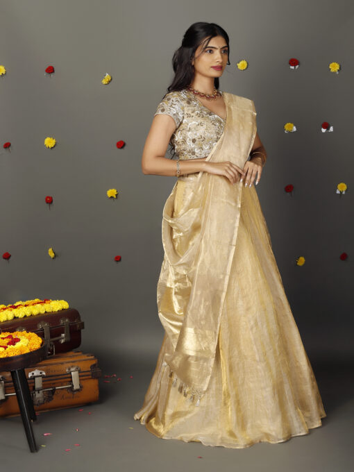 Ivory Embroidered Tissue Silk Lehenga with Tissue Silk Dupatta ( Set of 3 ) - Image 3