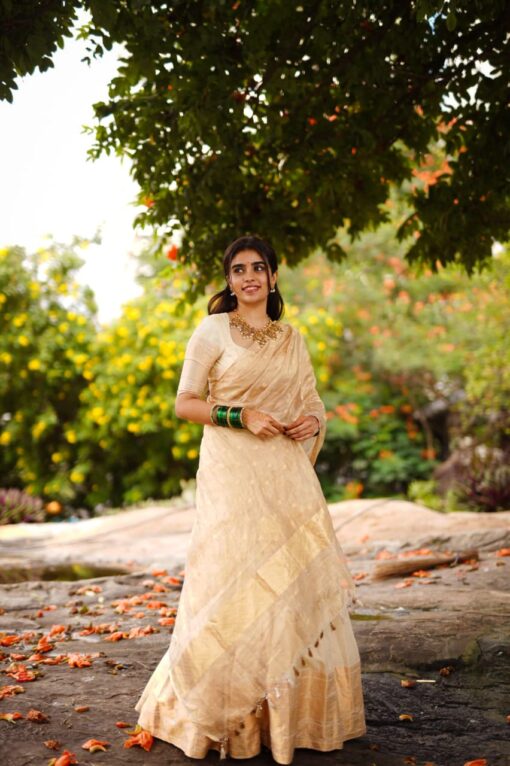 Ivory Silk Half Saree Set with Tissue Silk Dupatta (Set of 3) - Image 2
