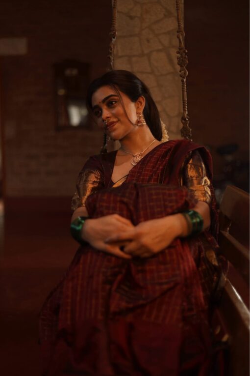 Brown Mangalagiri Silk Saree woven in Gold Zari Checks - Image 1