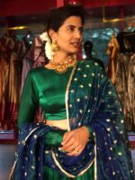 Green Silk Half Saree Set with Tissue Silk Dupatta (Set of 3) - Image 3