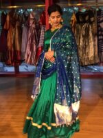 Green Silk Half Saree Set with Tissue Silk Dupatta (Set of 3) - Image 4