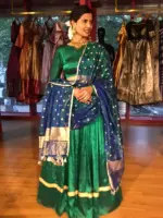 Green Silk Half Saree Set with Tissue Silk Dupatta (Set of 3) - Image 2