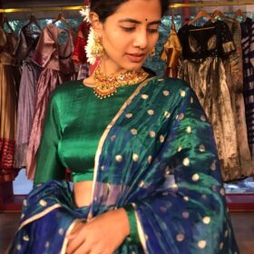 Green Silk Half Saree Set with Tissue Silk Dupatta (Set of 3)