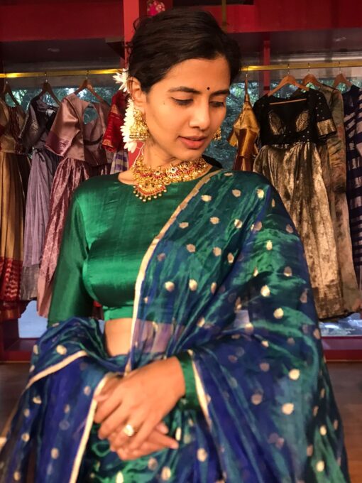 Green Silk Half Saree Set with Tissue Silk Dupatta (Set of 3) - Image 1
