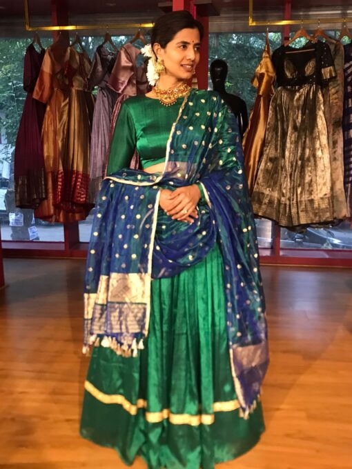 Green Silk Half Saree Set with Tissue Silk Dupatta (Set of 3) - Image 2
